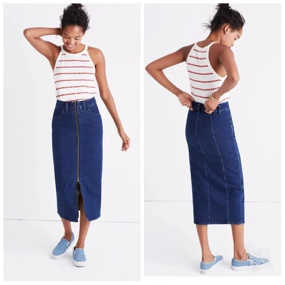Madewell High Waisted Zip Up Denim Midi Skirt - Picture 1 of 7